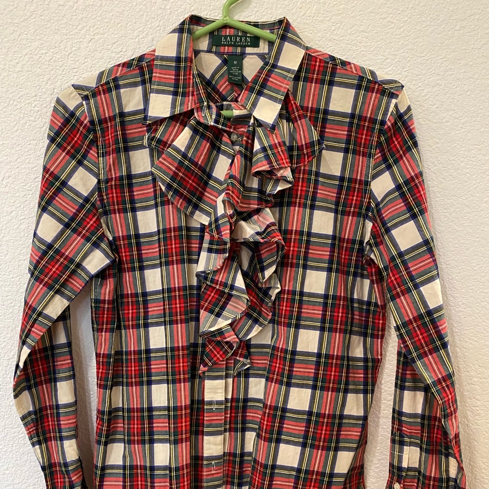 Ralph Lauren Western style plaid button-down shirt with ruffles in front